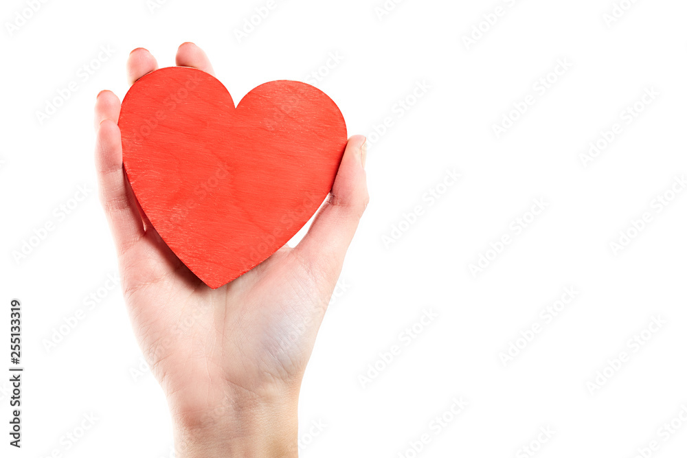 Female hand isolated on white background. White woman's hand showing symbols and gestures. Red wooden heart in hand. Love