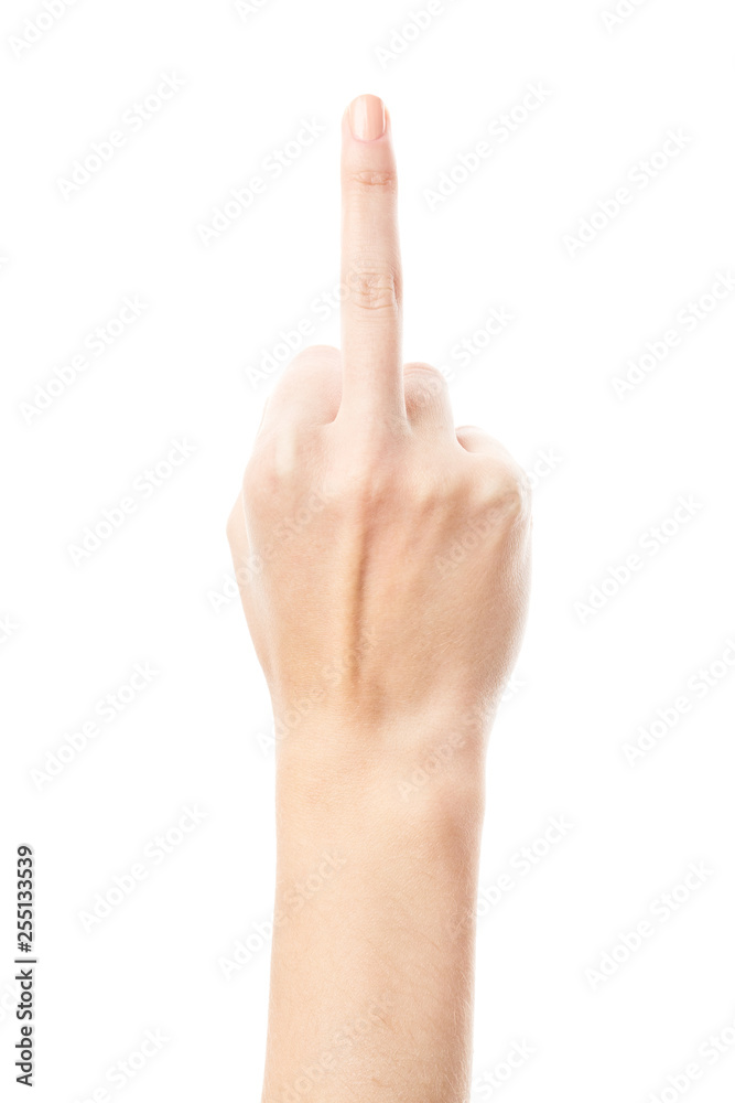 Middle finger. Woman showing her aggressiveness and discontent. Woman hand showing middle finger on a white isolated background Middle finger. Woman showing her aggressiveness and discontent. Woman hand showing middle finger on a white isolated background
