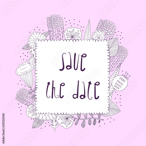 vector glamorous Save the Date posctard with text space, augmented with childlike cute flowers.