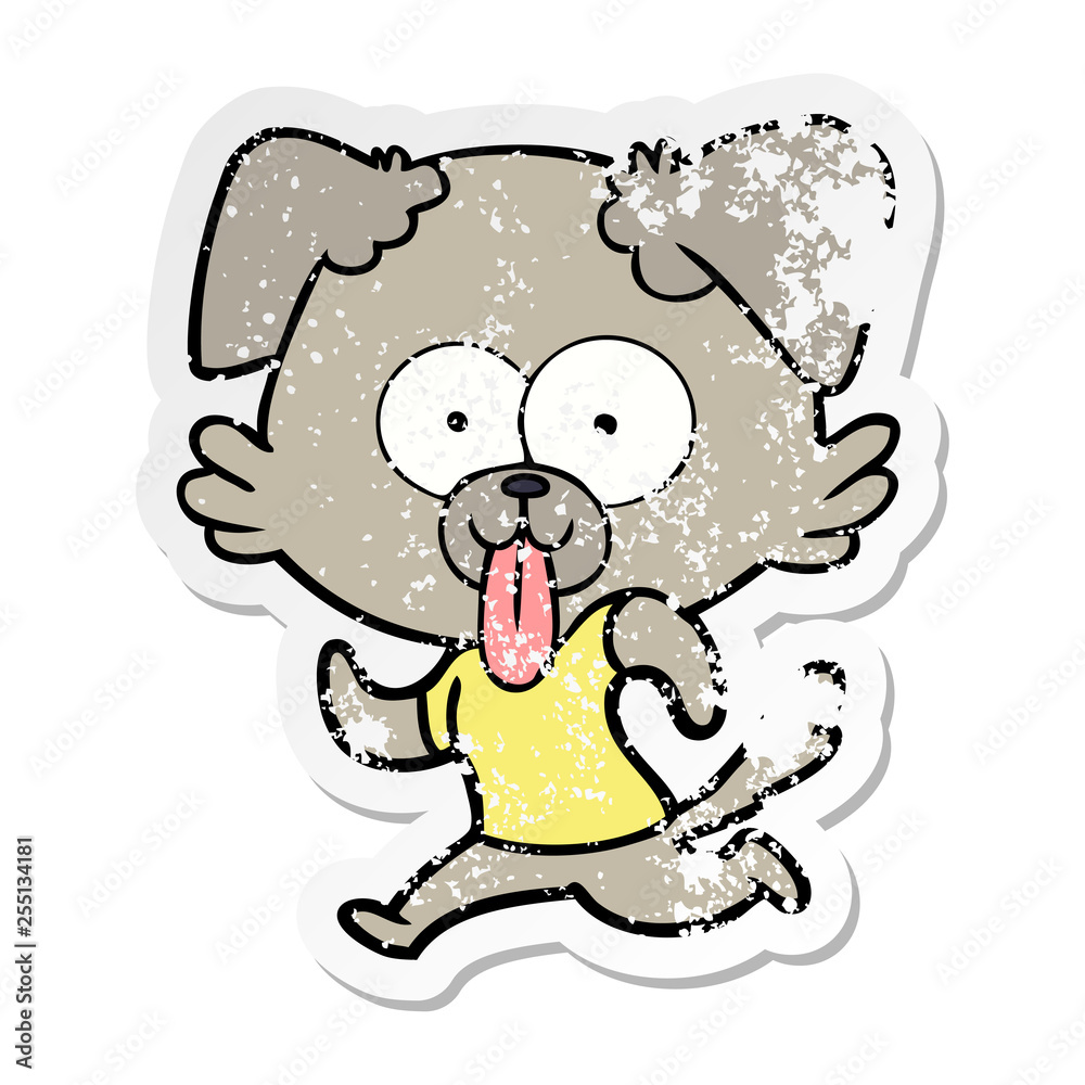 distressed sticker of a cartoon dog with tongue sticking out distressed sticker of a cartoon dog with tongue sticking out