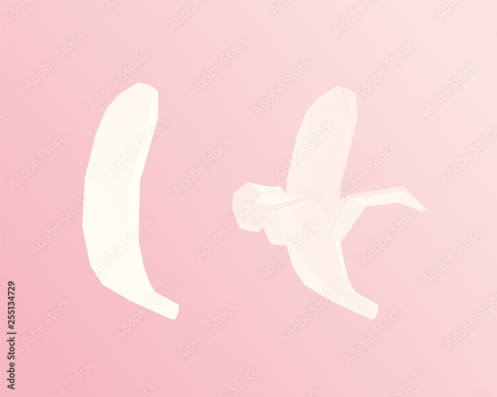 Romantic Bananas. Set of Pink Whole and Peeled Banana on Pink Background. Low Poly Vector 3D Rendering Romantic Bananas. Set of Pink Whole and Peeled Banana on Pink Background. Low Poly Vector 3D Rendering