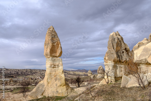 Stone formations, called Fairy Chimneys, in the Red Valley of Cappadocia, Turkey