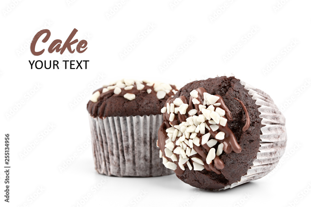 Tasty chocolate cupcakes on white background. Chocolate caramel cupcake and butterscotch syrup. Chocolate cupcake isolated on white.