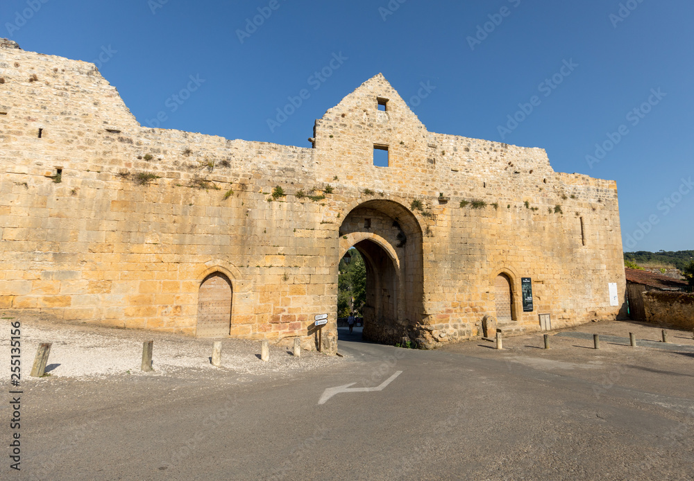 Domme, France - September 2, 2018: Porte des Tours, the medieval city gate, Domme, Dordogne, Aquitaine, France, Europe