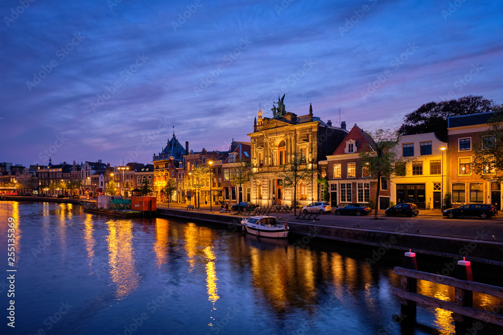 Canal and houses in the evening. Haarlem, Netherlands