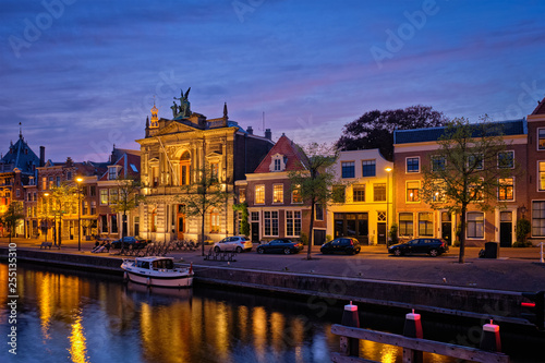 Canal and houses in the evening. Haarlem, Netherlands