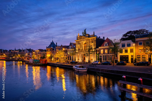 Canal and houses in the evening. Haarlem, Netherlands