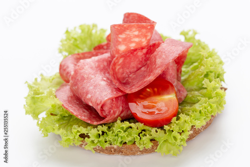 Sandwich with salami sausage on white background.