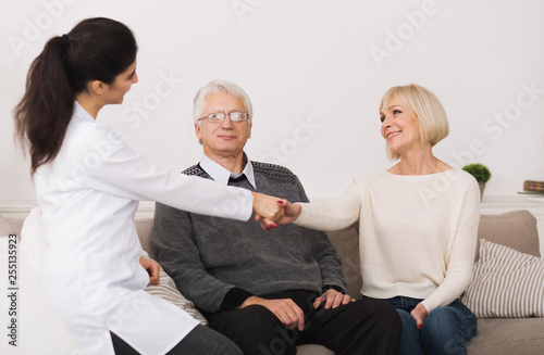 Senior couple welcoming doctor during home visit