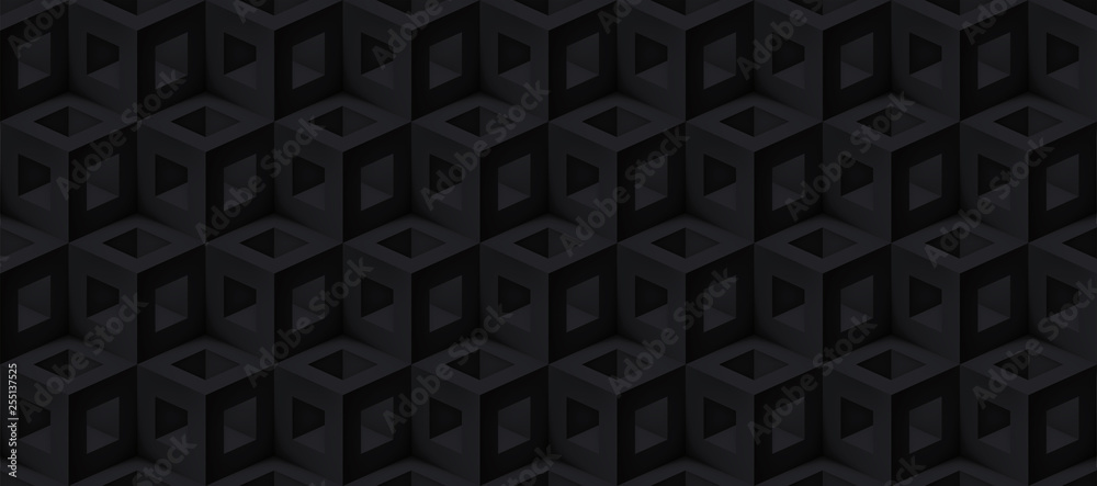 Realistic 3d vector cubes texture, geometric black seamless pattern, design dark background for you projects Realistic 3d vector cubes texture, geometric black seamless pattern, design dark background for you projects