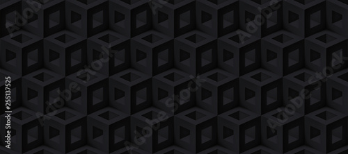 Realistic 3d vector cubes texture, geometric black seamless pattern, design dark background for you projects 