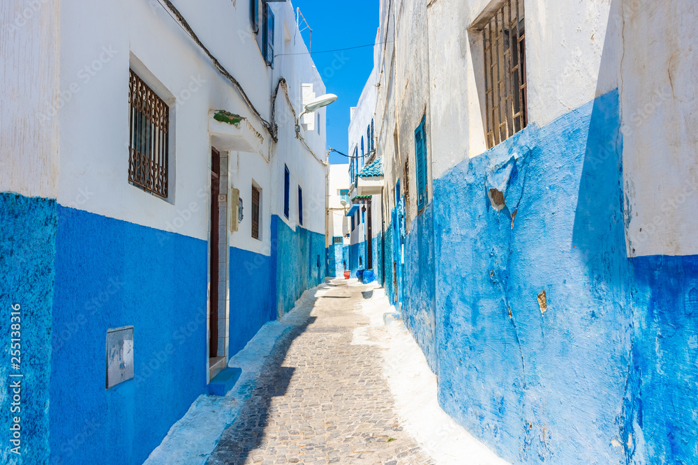 Blue and white street in the medina of Rabat, Morocco