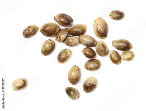 Hemp seeds isolated on white background, top view, macro