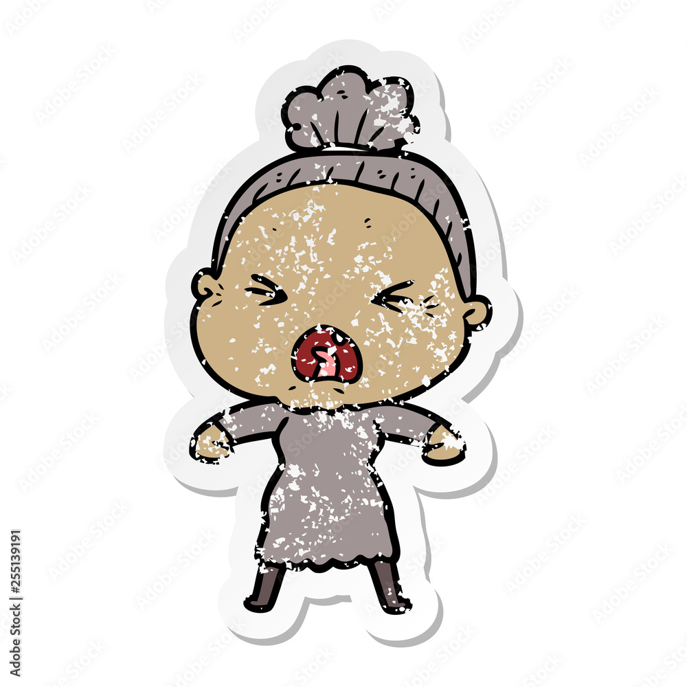 distressed sticker of a cartoon angry old woman distressed sticker of a cartoon angry old woman