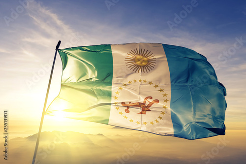 Tableau sur toile Chaco province of Argentina flag waving on the top sunrise mist fog