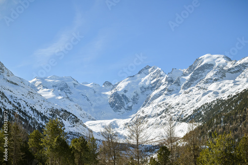 Beuatiful mountain scenery with Morteratsch glacier and Piz Bernina