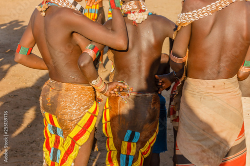 Ethiopia, close up of women's dresses from Hamer tribe