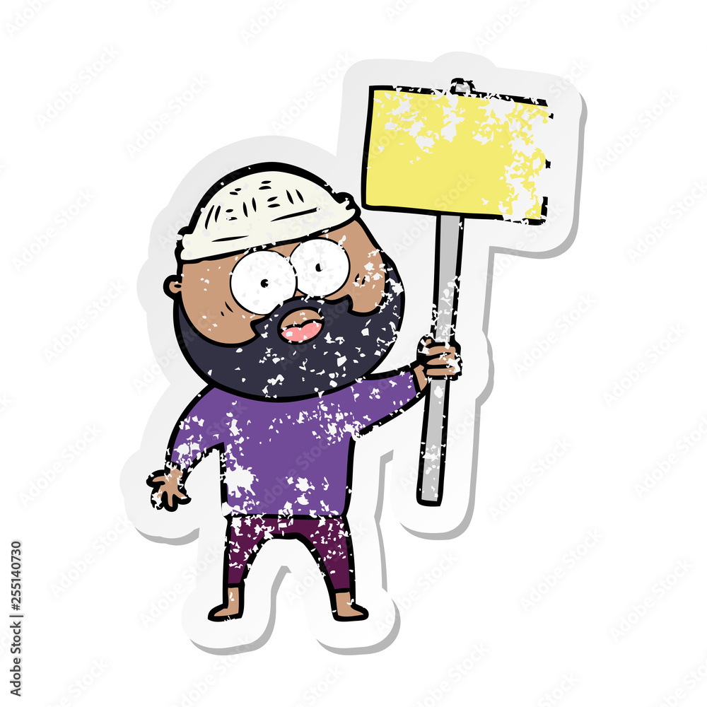 distressed sticker of a cartoon bearded man with signpost distressed sticker of a cartoon bearded man with signpost