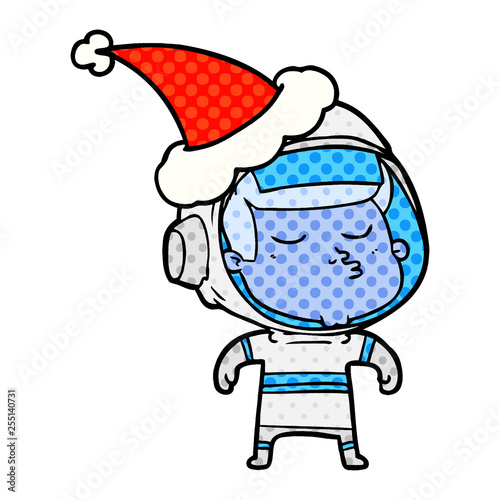 comic book style illustration of a confident astronaut wearing santa hat