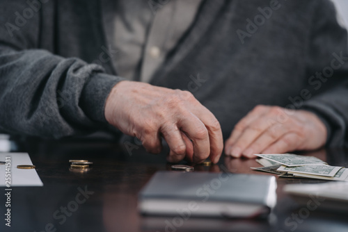 cropped view of senior man sitting at table and counting money