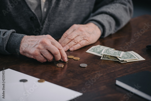 cropped view of senior man sitting at table and counting money