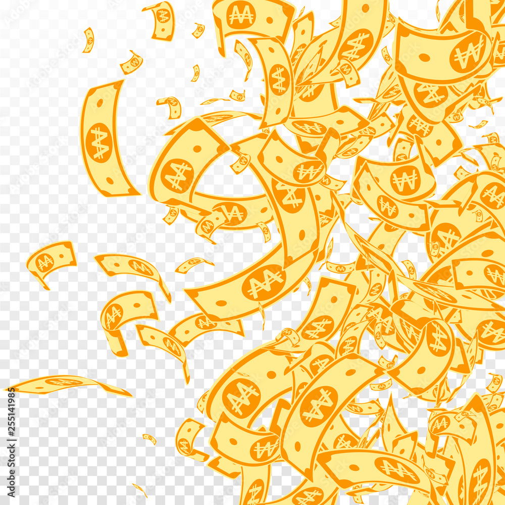 Obraz premium Korean won notes falling. Messy WON bills on trans