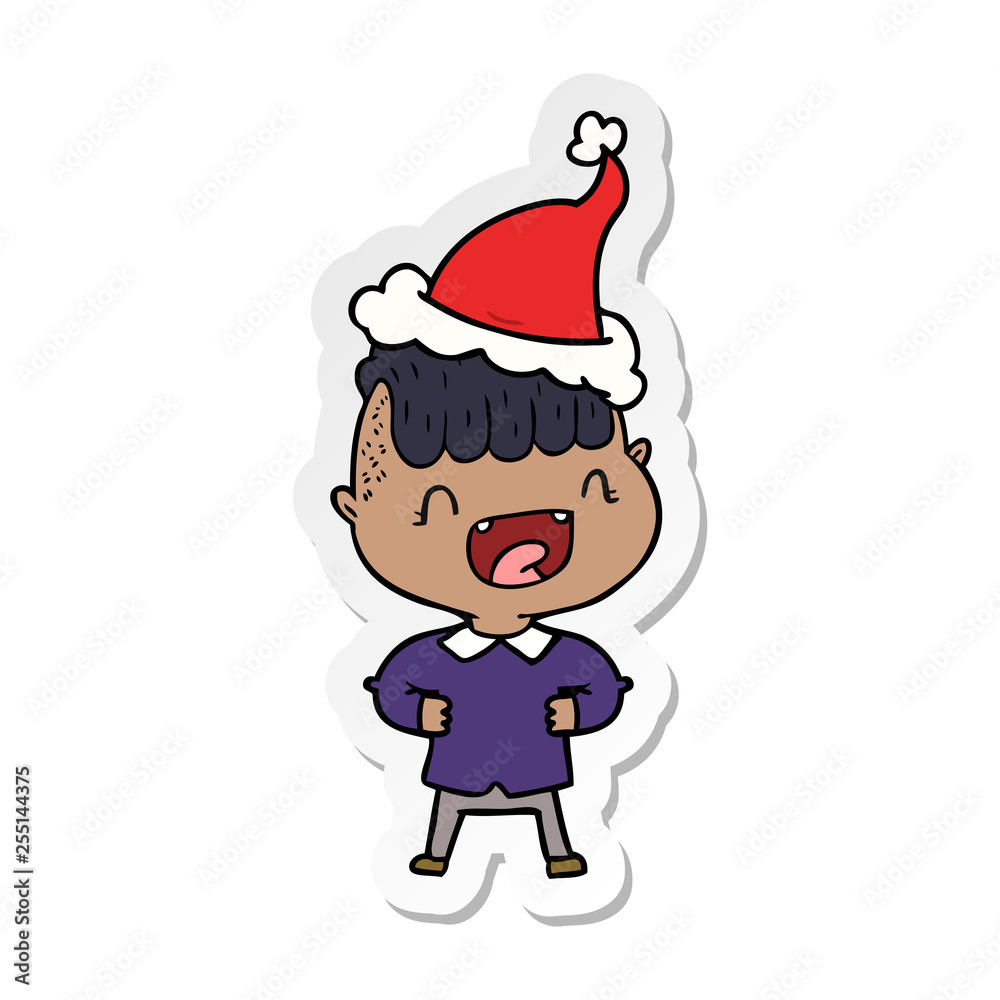 sticker cartoon of a happy boy laughing wearing santa hat sticker cartoon of a happy boy laughing wearing santa hat