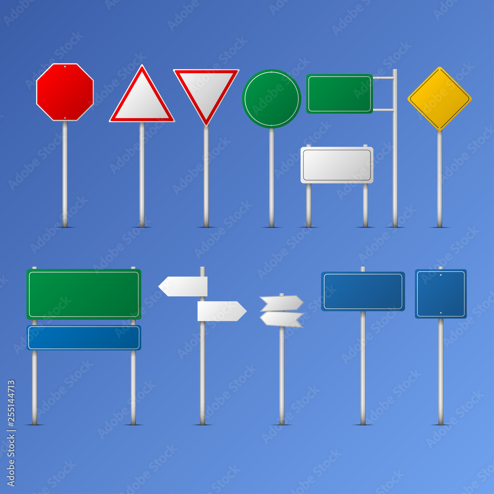 Traffic road realistic signs vector icons set isolated illustration. Collection of signage signal warning sign stop danger caution speed highway empty parking street board direction Traffic road realistic signs vector icons set isolated illustration. Collection of signage signal warning sign stop danger caution speed highway empty parking street board direction