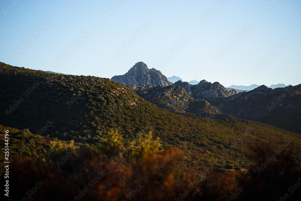 A great view of mountains of the Corsica island, France. Horizontal view.