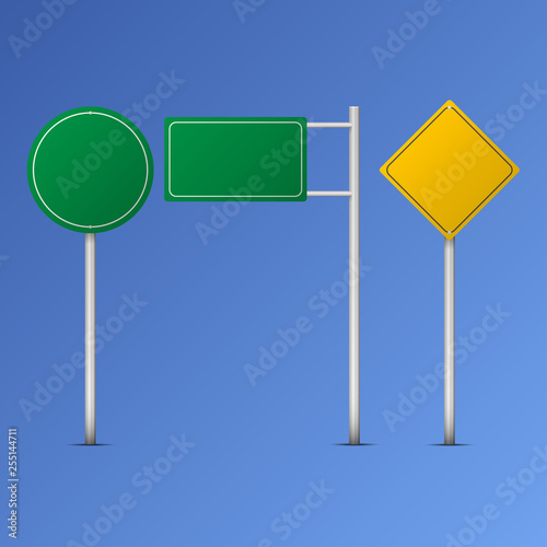 Traffic road realistic signs vector icons set isolated illustration. Collection of signage signal warning sign stop danger caution speed highway empty parking street board direction