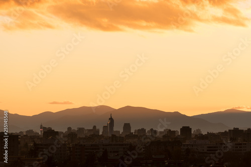 Skyline of city downtown at sunset  Santiago de Chile  South America
