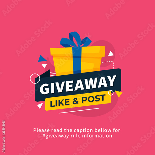 Giveaway poster template design for social media post or website banner. Gift box vector illustration with modern typography text style. photo