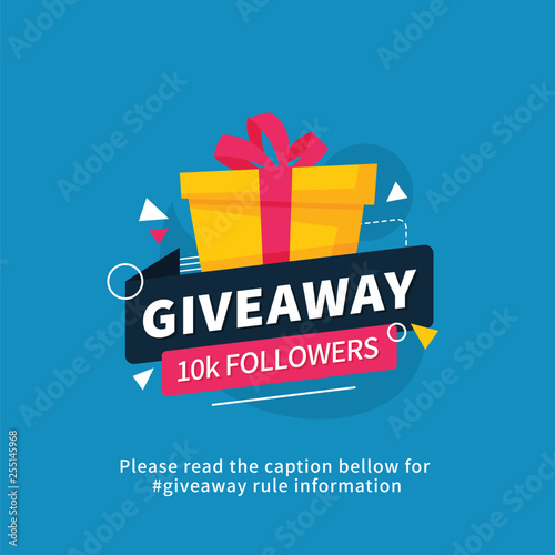 Giveaway 10k followers poster template design for social media post or website banner. Gift box vector illustration with modern typography text style.