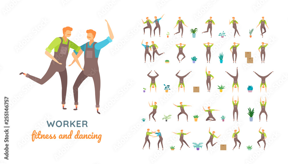 Vector young adult man in worker overalls ready-to-use character casual poses set in flat style. Vector young adult man in worker overalls ready-to-use character casual poses set in flat style.