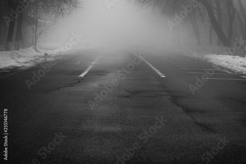 Black and white street at night with heavy fog. White lines on road © Leonart's