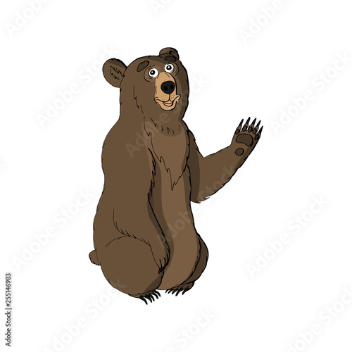cute funny animal brown bear raising paw. isolated on white background.
