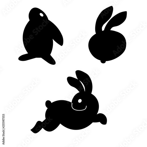 Cute set black silhouette Easter bunny. illustration isolated on background