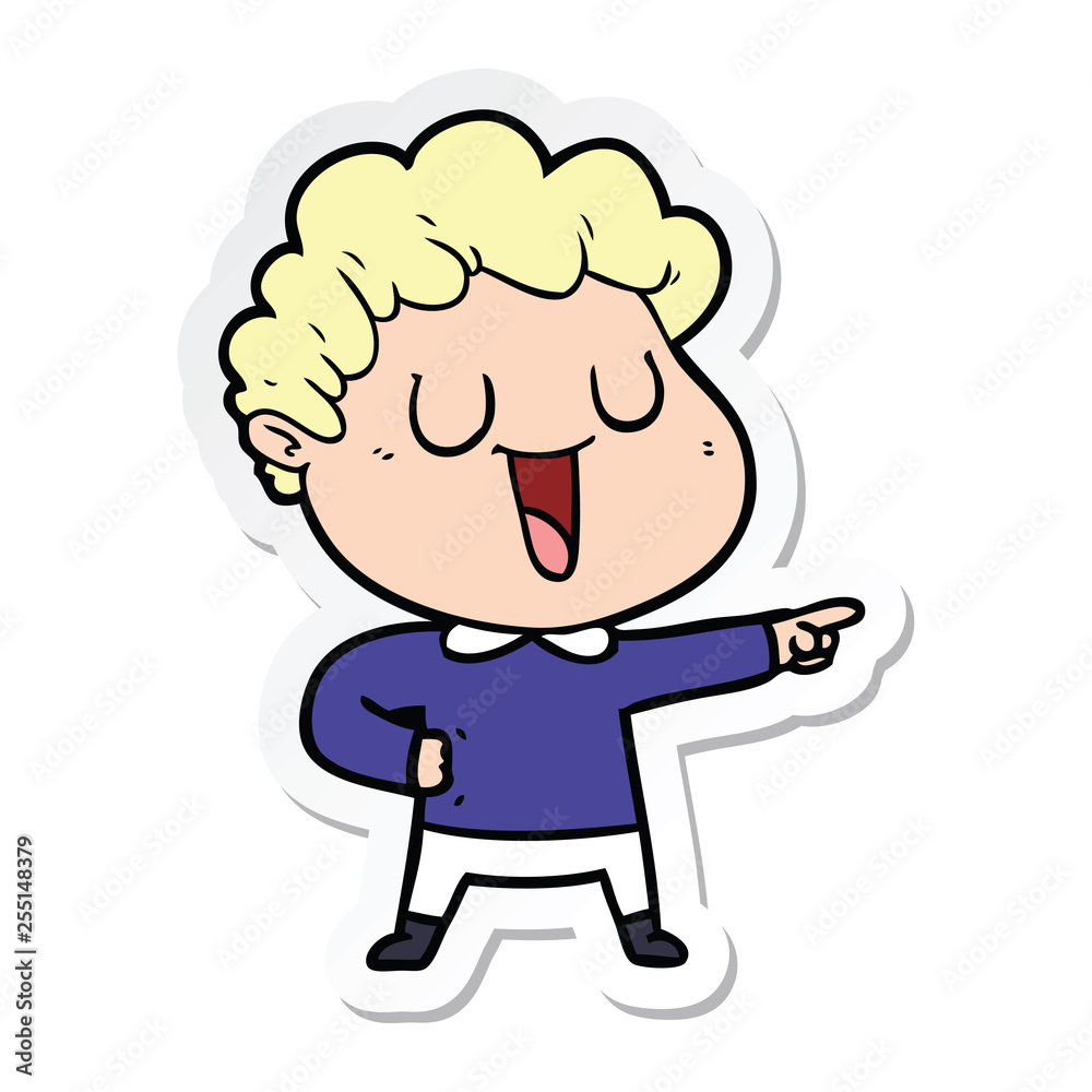 sticker of a laughing cartoon man pointing
