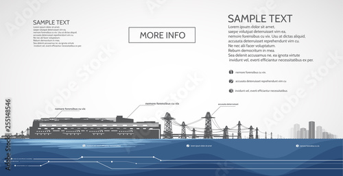 Hydroelectric power station, with electric pylons, power supply to the city, infographics. [Converted]