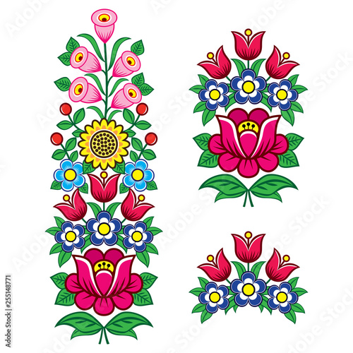 Floral Polish folk art vector design elements, motifs for weddding invitation, greeting card, Zalipie patterns with flowers