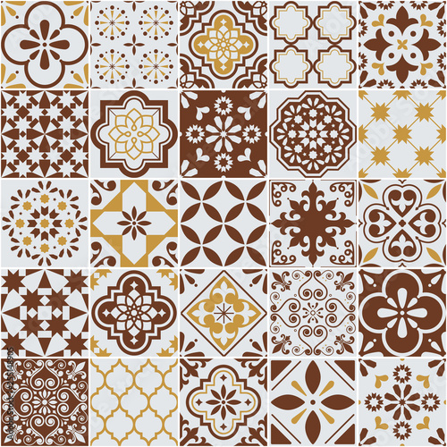 Lisbon Azulejos tile vector pattern, Portuguese or Spanish retro old tiles mosaic, Mediterranean seamless brown design