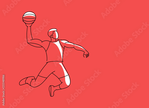 Basketball player jumping dunking in line drawing, vector illustration.