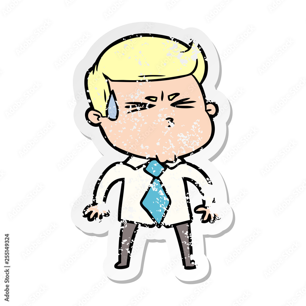 distressed sticker of a cartoon man sweating distressed sticker of a cartoon man sweating