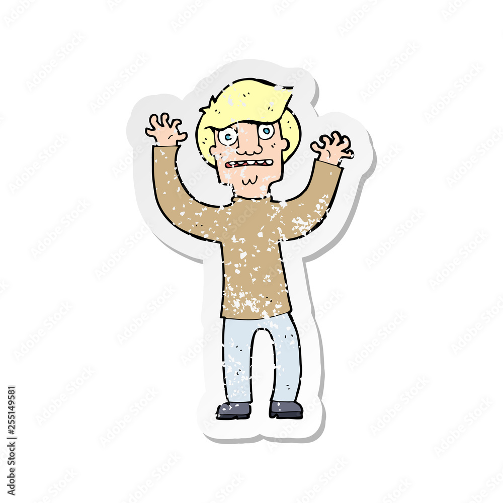retro distressed sticker of a cartoon terrified man retro distressed sticker of a cartoon terrified man