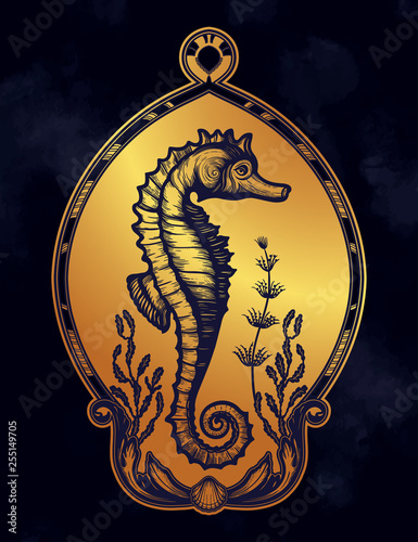 Hand drawn seahorse with sea plants. Vintage vector illustration.