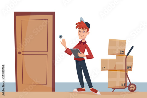 Delivery man with parcels at the door rings the doorbell. Fast Delivery service to the door by courier concept. Cartoon flat character vector illustration