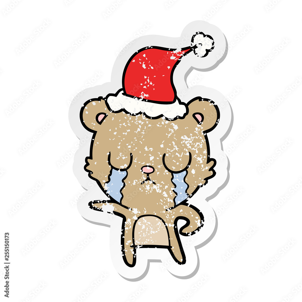 crying distressed sticker cartoon of a bear wearing santa hat crying distressed sticker cartoon of a bear wearing santa hat