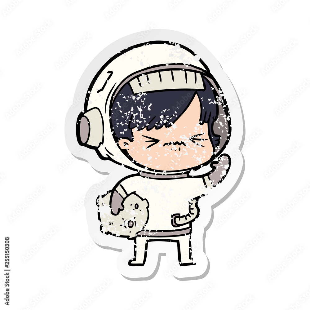 distressed sticker of a angry cartoon space girl distressed sticker of a angry cartoon space girl