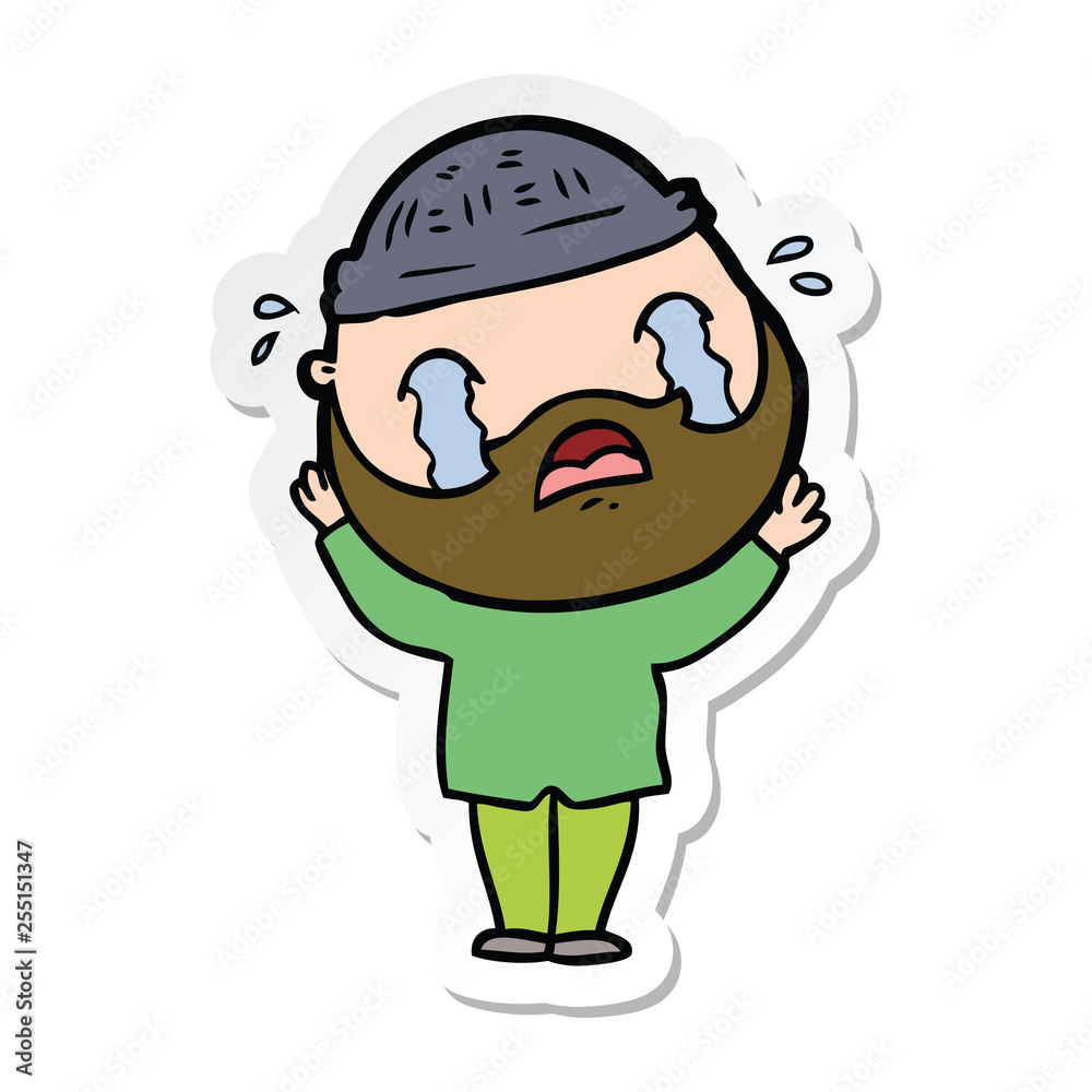 sticker of a cartoon bearded man crying