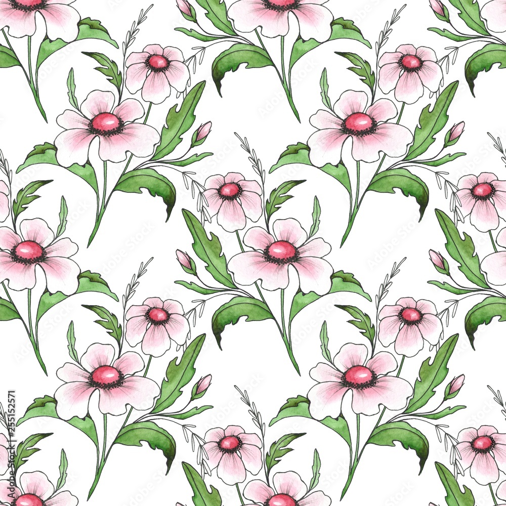 custom made wallpaper toronto digitalFloral seamless pattern. Watercolor background with white flowers. Ink and watercolor